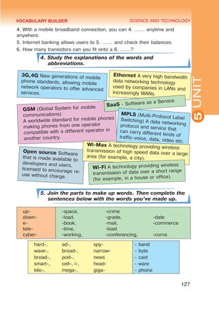 YOUTH LIFESTYLE. MODERN YOUTH CLUBS
SCIENCE AND TECHNOLOGY
5
3G,4G New generations of mobile
phone standards, allowing mobile
network operators to offer advanced
services.
Ethernet A very high bandwidth
data networking technology
used by companies in LANs and
increasingly WANs.
GSM (Global System for mobile
communications)
A worldwide standard for mobile phones
making phones from one operator
compatible with a different operator in
another country.
SaaS - Software as a Service.
MPLS (Multi-Protocol Label
Switching) A data networking
protocol and service that
can carry different kinds of
traffic-voice, data, video etc.
Open source Software
that is made available to
developers and users,
licensed to encourage re-
use without charge.
Wi-Max A technology providing wireless
transmission of high speed data over a large
area (for example, a city).
Wi-Fi A technology providing wireless
transmission of data over a short range
(for example, in a house or office).
127
UNIT
4. With a mobile broadband connection, you can 4. ……. anytime and
anywhere.
5. Internet banking allows users to 5. ……. and check their balances.
6. How many transistors can you fit onto a 6. …….?
4. Study the explanations of the words and
abbreviations.
5. Join the parts to make up words. Then complete the
sentences below with the words you’ve made up.
up-
down-
e-
tele-
cyber-
-space,		 -crime
-load, 		 -grade, 		 -date
-book, 		-mail, 			-commerce
-time, 		 -load
-working, 		 -conferencing, 	 -corns
hard-,	 ad-, 		 spy-
wave-, 	 broad-, 	 narrow-
broad-, 	 pod-, 		 news
­
smart-, 	 cell-, i-, 	 head-
kilo-, 	 mega-, 	 giga-
- band
- byte
- cast
- ware
- phone
VOCABULARY BUILDER
 