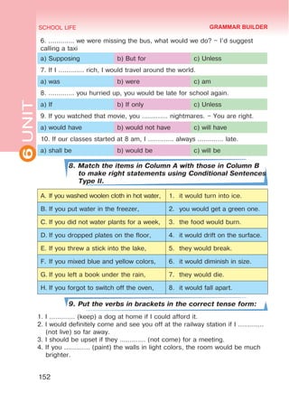 6
UNIT SCHOOL LIFE
152
6. ............. we were missing the bus, what would we do? – I’d suggest
calling a taxi
a) Supposing b) But for c) Unless
7. If I ............. rich, I would travel around the world.
a) was b) were c) am
8. ............. you hurried up, you would be late for school again.
a) If b) If only c) Unless
9. If you watched that movie, you ............. nightmares. – You are right.
a) would have b) would not have c) will have
10. If our classes started at 8 am, I ............. always ............. late.
a) shall be b) would be c) will be
8. Match the items in Column A with those in Column B
to make right statements using Conditional Sentences
Type II.
A.	If you washed woolen cloth in hot water, 1.	 it would turn into ice.
B.	If you put water in the freezer, 2.	 you would get a green one.
C.	If you did not water plants for a week, 3.	 the food would burn.
D.	If you dropped plates on the floor, 4.	 it would drift on the surface.
E.	If you threw a stick into the lake, 5.	 they would break.
F.	If you mixed blue and yellow colors, 6.	 it would diminish in size.
G.	If you left a book under the rain, 7.	 they would die.
H.	If you forgot to switch off the oven, 8.	 it would fall apart.
9. Put the verbs in brackets in the correct tense form:
1. I ............. (keep) a dog at home if I could afford it.
2. I would definitely come and see you off at the railway station if I .............
(not live) so far away.
3. I should be upset if they ............. (not come) for a meeting.
4. If you ............. (paint) the walls in light colors, the room would be much
brighter.
GRAMMAR BUILDER
 
