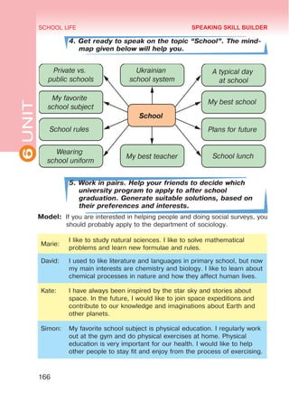 6
UNIT SCHOOL LIFE
 
 
 
 
 

 

 

  
  
 
  
  
 
166
4. Get ready to speak on the topic “School”. The mind-
map given below will help you.
5. Work in pairs. Help your friends to decide which
university program to apply to after school
graduation. Generate suitable solutions, based on
their preferences and interests.
Model:	 If you are interested in helping people and doing social surveys, you
should probably apply to the department of sociology.
Marie:
I like to study natural sciences. I like to solve mathematical
problems and learn new formulae and rules.
David: I used to like literature and languages in primary school, but now
my main interests are chemistry and biology. I like to learn about
chemical processes in nature and how they affect human lives.
Kate: I have always been inspired by the star sky and stories about
space. In the future, I would like to join space expeditions and
contribute to our knowledge and imaginations about Earth and
other planets.
Simon: My favorite school subject is physical education. I regularly work
out at the gym and do physical exercises at home. Physical
education is very important for our health. I would like to help
other people to stay fit and enjoy from the process of exercising.
SPEAKING SKILL BUILDER
 