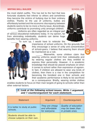 6
UNIT
SCHOOL LIFE
169
the most stylish outfits. This has led to the fact that less
fortunate students feel inferior to others and sometimes
they become the victims of bullying due to their ordinary
clothes. Thanks to the use of uniforms, bullies are
effortlessly tackled and the economic discrepancy between
students seems to be no more a thorny issue. Accordingly,
uniforms contribute to promoting unity amongst children.
______ Uniforms are often regarded as an integral part
of various educational institutions today. In my opinion, far
from eliminating individuality, students can derive huge
benefits from wearing uniforms.
______ To sum up, I would have to reiterate the
importance of school uniforms. On the grounds that
they encourage a sense of unity and concentration
of school-goers, I believe that wearing them should
be maintained as a rule.
______ Meanwhile, some children claim that
wearing uniforms would limit their individuality and
by wearing regular clothes are they entitled to
express their personality. However, it is academic
knowledge that should be placed emphasis on when
it comes to school rather than expression of egoism.
In fact, if children are allowed to wear any kinds of
clothes, then there is a rise in the competition for
becoming the trendiest one in their schools and
their academic performance is likely to be sacrificed
as a consequence. Briefly, wearing similar clothes
enables students to focus on their main targets of going to schools rather than
other external factors.
2. Look at the following school issues. Write 1 argument
and 1 counterargument for each statement.
Statement Argument Counterargument
It is better to study at public
schools.
They are cheap
and affordable
for everyone.
Quality of education
may be lower,than
in private ones.
Students should be able to
choose subjects on their own.
WRITING SKILL BUILDER
 