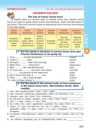THE USA. THE ENGLISH SPEAKING WORLD
9
UNIT
223
GRAMMAR BUILDER
The Use of Future Tense Form
In English there are several ways to denote future time. Several tense
forms are used to speak about events and situations, which will take place in
the future. The most common cases of expressing future time are summarized
in the table below:
Future
Simple
Future
Continuous
Future
Perfect
Present
Simple
Present
Continuous
Going to +
infinitive
Prediction,
assumption,
casual
action
Definite
action, which
will last for a
period of time
Action,
which is
finished
before a
certain
period
Timetable,
schedule
Planned
action, which
will take
place in the
near future
Planned
action in
the future;
logical
result
1. Put the words in brackets in correct tense form (the
Present Continuous or be going to). 
1. Tony ………… a friend tomorrow.				 (meet)
2. I think it ………… soon.						(snow)
3. Perhaps I ………… New York one day.				 (visit)
4. What time ………… tomorrow?					(leave/you)
5. Who ………… the next World Cup?				 (win)
6. I’m sure you ………… the exam next week.			 (not fail)
7. I ………… my parents at the week-end. 			 (visit)
8. Don’t touch that dog. It ………… you. 				 (bite)
9. They ………… for a meal tonight. 				 (come)
10. Look at those clouds, it ………… . 				(rain)
2. Put the words in the correct order to form sentences
in the future tense form. Add auxiliary words, when
needed.
1.	rise / the housing prices / year / next / again _________________________
2.	this / moment / tomorrow / examination / take / at / morning / I / an _________
3.	change / she / by / mind / his / tomorrow ______________________________
4.	by the end of / week / project / next / their / they / finish ______________
5.	call / I / have / when / I / you / time _________________________________
6.	he / with / his / until / apartment / parents / he / stay / find / an ________
7.	return / it / you / as soon as / to / he / I / back / come _______________
graduate / after / I / year / next / I / a / job / computer / in / find / a /
company ____________________________________________________________
8.	my doctor / this afternoon / when / I / see / I / him / check / ask / to / my
back ________________________________________________________________
9.	 he / before / shopping / go / a / shopping list / make / he ________________
GRAMMAR BUILDER
 