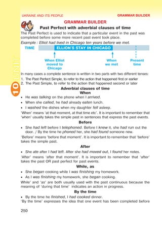 UKRAINE AND ITS PEOPLE
10
250
UNIT
GRAMMAR BUILDER
Past Perfect with adverbial clauses of time
The Past Perfect is used to indicate that a particular event in the past was
completed before some more recent past event took place.
Example : Elliot had lived in Chicago ten years before we met.
TIME ELLION'S STAY IN CHICAGO
In many cases a complete sentence is written in two parts with two different tenses:
1.	The Past Perfect Simple, to refer to the action that happened first or earlier
2.	The Past Simple, to refer to the action that happened second or later
Adverbial clauses of time
When
•	 He was talking on the phone when I arrived.
•	 When she called, he had already eaten lunch.
•	 I washed the dishes when my daughter fell asleep.
‘When’ means ‘at that moment, at that time etc’. It is important to remember that
‘when’ usually takes the simple past in sentences that express the past events.
Before
•	 She had left before I telephoned. Before I knew it, she had run out the
door. / By the time he phoned her, she had found someone new.
‘Before’ means ‘before that moment’. It is important to remember that ‘before’
takes the simple past.
After
•	 She ate after I had left. After she had moved out, I found her notes.
‘After’ means ‘after that moment’. It is important to remember that ‘after’
takes the past OR past perfect for past events.
While, as
•	 She began cooking while I was finishing my homework.
•	 As I was finishing my homework, she began cooking.
While’ and ‘as’ are both usually used with the past continuous because the
meaning of ‘during that time’  indicates an action in progress.
By the time
•	 By the time he finished, I had cooked dinner.
‘By the time’ expresses the idea that one event has been completed before
GRAMMAR BUILDER
When Elliot
moved to
Chicago
When
we met
Present
time
 