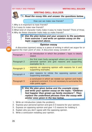 26
1
UNIT MY FAMILY AND FRIENDS
WRITING SKILL BUILDER
1. Read the essay title and answer the questions below.
How can we make new friends?
1.	
Why is it important to have friends?
2.	
Is it easy to make new friends?
3.	
What kind of character traits make it easy to make friends? Think of three.
4.	
Why do these character traits help us make friends?
2. Use the plan below and your answers to the questions
from exercise 1 and write an opinion essay on the
topic suggested above.
Opinion essay
A discursive (opinion) essay is a piece of writing in which we argue for or
against the main point of view. A discursive essay consists of:
Paragraph 1
-	 an introduction in which the problem / topic is clearly
stated.
Paragraph 2
-	 the first main body paragraph where you express your
personal opinion and give reasons and supporting
examples for it.
Paragraph 3
-	 express an opposing opinion with reasons for it and
supporting examples.
Paragraph 4
-	 give reasons to refute the opposing opinion with
supporting examples.
Paragraph 5
-	 a conclusion in which we restate our opinion and make
a general comment. It is not necessary to summarise the
main points again.
3. Use the plan given below and the example essay
and write your opinion essay on the topic: “Children
feel happier than grown-up family members”. Then
replace the underlined phrases from the essay with
similar ones given in the box below.
1.	 Write an introduction (state the problem).
2.	 Express your personal opinion and give 2-3 reasons for your opinion.
3.	 Express an opposing opinion and give 1-2 reasons for holding it.
4.	 Explain why you don’t agree with the opposing opinion.
5.	 Write a conclusion restating your opinion.
WRITING SKILL BUILDER
 