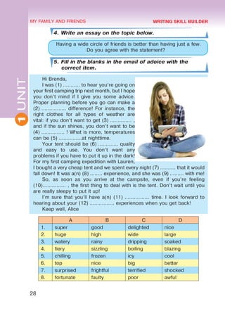 28
1
UNIT MY FAMILY AND FRIENDS
4. Write an essay on the topic below.
Having a wide circle of friends is better than having just a few.
Do you agree with the statement?
5. Fill in the blanks in the email of adoice with the
correct item.
Hi Brenda,
I was (1) ........... to hear you’re going on
your first camping trip next month, but I hope
you don’t mind if I give you some advice.
Proper planning before you go can make a
(2) ................ difference! For instance, the
right clothes for all types of weather are
vital: if you don’t want to get (3) .............. ,
and if the sun shines, you don’t want to be
(4) ............... ! What is more, temperatures
can be (5) ...............at nighttime.
Your tent should be (6) ............. quality
and easy to use. You don’t want any
problems if you have to put it up in the dark!
For my first camping expedition with Lauren,
I bought a very cheap tent and we spent every night (7) .......... that it would
fall down! It was a(n) (8) ........ experience, and she was (9) ......... with me!
So, as soon as you arrive at the campsite, even if you’re feeling
(10)............... , the first thing to deal with is the tent. Don’t wait until you
are really sleepy to put it up!
I’m sure that you’ll have a(n) (11) ................ time. I look forward to
hearing about your (12) ................ experiences when you get back!
Keep well, Alice
A B C D
1. super good delighted nice
2. huge high wide large
3. watery rainy dripping soaked
4. fiery sizzling boiling blazing
5. chilling frozen icy cool
6. top nice big better
7. surprised frightful terrified shocked
8. fortunate faulty poor awful
WRITING SKILL BUILDER
 