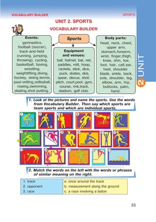 Sports
Events:
gymnastics,
football (soccer),
track-and-field
(running, jumping,
throwing), cycling,
basketball, boxing,
wrestling,
weightlifting,diving,
hockey, skiing,tennis,
paul-volting,volleyball,
rowing,swimming,
skating,shot-putting.
Equipment
and venues:
ball, helmet, bat, net,
paddles, mitt, hoop,
rackets, stick, dice,
puck, skates, skis,
spear, discus, shot;
pitch, court,pool, gym,
course, rink,track,
stadium, golf club.
Body parts:
head, neck, chest,
upper arm,
stomach,forearm,
wrist, finger,thigh,
knee, shin, toe,
foot, hair, calf,ear,
heel, shoulder
blade, ankle, back,
sole, shoulder, leg,
elbow, arm, hip,
buttocks, palm,
hand.
33
SPORTS
2
UNIT
UNIT 2. SPORTS
VOCABULARY BUILDER
1. Look at the pictures and name the sports. Use the words
from Vocabulary Builder. Then say which sports are
team sports and which are individual sports.
2. Match the words on the left with the words or phrases
of similar meaning on the right.
1. track a. once around the track
2. opponent b. measurement along the ground
3. race c. a race involving a baton
VOCABULARY BUILDER
1 2 3 4 5 6
7 8 9 10 11 12
13 14 15 16 17
 