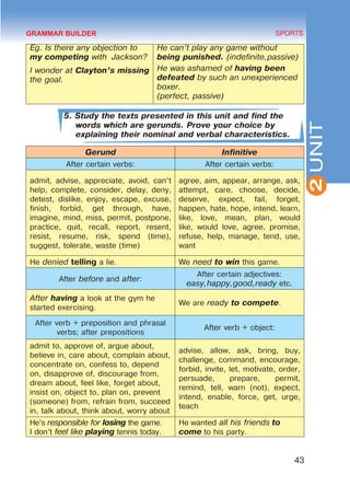 43
SPORTS
2
UNIT
Eg. Is there any objection to
my competing with Jackson?
I wonder at Clayton’s missing
the goal.
He can’t play any game without
being punished. (indefinite,passive)
He was ashamed of having been
defeated by such an unexperienced
boxer.
(perfect, passive)
5. Study the texts presented in this unit and find the
words which are gerunds. Prove your choice by
explaining their nominal and verbal characteristics.
Gerund Infinitive
After certain verbs: After certain verbs:
admit, advise, appreciate, avoid, can’t
help, complete, consider, delay, deny,
detest, dislike, enjoy, escape, excuse,
finish, forbid, get through, have,
imagine, mind, miss, permit, postpone,
practice, quit, recall, report, resent,
resist, resume, risk, spend (time),
suggest, tolerate, waste (time)
agree, aim, appear, arrange, ask,
attempt, care, choose, decide,
deserve, expect, fail, forget,
happen, hate, hope, intend, learn,
like, love, mean, plan, would
like, would love, agree, promise,
refuse, help, manage, tend, use,
want
He denied telling a lie. We need to win this game.
After before and after:
After certain adjectives:
easy,happy,good,ready etc.
After having a look at the gym he
started exercising.
We are ready to compete.
After verb + preposition and phrasal
verbs; after prepositions
After verb + object:
admit to, approve of, argue about,
believe in, care about, complain about,
concentrate on, confess to, depend
on, disapprove of, discourage from,
dream about, feel like, forget about,
insist on, object to, plan on, prevent
(someone) from, refrain from, succeed
in, talk about, think about, worry about
advise, allow, ask, bring, buy,
challenge, command, encourage,
forbid, invite, let, motivate, order,
persuade, prepare, permit,
remind, tell, warn (not), expect,
intend, enable, force, get, urge,
teach
He’s responsible for losing the game.
I don’t feel like playing tennis today.
He wanted all his friends to
come to his party.
GRAMMAR BUILDER
 