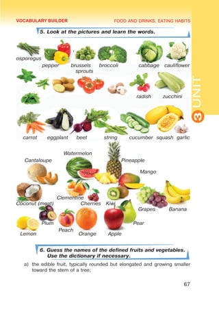 FOOD AND DRINKS. EATING HABITS
3
UNIT
67
5. Look at the pictures and learn the words.
osporogus
	 pepper brussels broccoli	 cabbage cauliflower
sprouts
radish zucchini
carrot eggplant beet string cucumber squash garlic
6. Guess the names of the defined fruits and vegetables.
Use the dictionary if necessary.
a)	 the edible fruit, typically rounded but elongated and growing smaller
toward the stem of a tree;
VOCABULARY BUILDER
Lemon Orange Apple
Watermelon
Cantaloupe Pineapple
Mango
Clementine
Coconut (meat) Cherries Kiwi
Grapes Banana
Plum Pear
Peach
 
