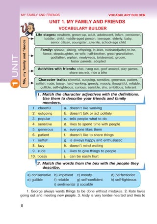Me,
my
family
and
friends
Life stages: newborn, grown-up, adult, adolescent, infant, pensioner,
toddler, child, middle-aged person, teenager, elderly, baby,
senior citizen, youngster, juvenile, school-age child
Family: spouse, sibling, offspring, in-laws, husband(wife)-to-be,
fiance, stepdaughter, ex-wife, half-brother, great-grandfather,
godfather, orphan, newlyweds, bridesmaid, groom,
foster parents, adopted
Activities with friends: chat, hang out, goof around, play games,
share secrets, ride a bike
Character traits: cheerful, outgoing, sensitive, generous, patient,
selfish, rude, bossy, hard-working, greedy, moody, thoughtful, reliable,
gullible, self-righteous, curious, sensible, shy, ambitious, tolerant
8
1
UNIT MY FAMILY AND FRIENDS
UNIT 1. MY FAMILY AND FRIENDS
VOCABULARY BUILDER
1. Match the character adjectives with the definitions.
Use them to describe your friends and family
members.
1.	 cheerful a.	 doesn’t like working
2.	 outgoing b.	 doesn’t talk or act politely
3.	 popular c.	 tells people what to do
4.	 sensitive d.	 likes to spend time with people
5.	 generous e.	 everyone likes them
6.	 patient f.	 doesn’t like to share things
7.	 selfish g.	 is always happy and enthusiastic
8.	 lazy h.	 doesn’t mind waiting
9.	 rude i.	 likes to give things to people
10.	 bossy j.	 can be easily hurt
2. Match the words from the box with the people they
describe.
a) conservative 	 b) impatient 	 c) moody 	 d) perfectionist
e) gullible 	 f) reliable 	 g) self-confident 	 h) self-fighteous
			 i) sentimental 	j) sociable 		
1. George always wants things to be done without mistakes. 2. Kate loves
going out and meeting new people. 3. Andy is very tender-hearted and likes to
VOCABULARY BUILDER
 
