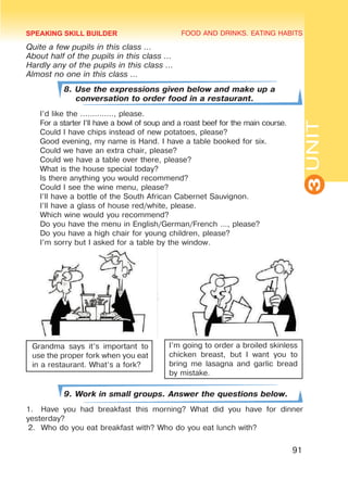 FOOD AND DRINKS. EATING HABITS
3
UNIT
91
Quite a few pupils in this class ...
About half of the pupils in this class ...
Hardly any of the pupils in this class ...
Almost no one in this class ...
8. Use the expressions given below and make up a
conversation to order food in a restaurant.
I’d like the .............., please.
For a starter I’ll have a bowl of soup and a roast beef for the main course.
Could I have chips instead of new potatoes, please?
Good evening, my name is Hand. I have a table booked for six.
Could we have an extra chair, please?
Could we have a table over there, please?
What is the house special today?
Is there anything you would recommend?
Could I see the wine menu, please?
I’ll have a bottle of the South African Cabernet Sauvignon.
I’ll have a glass of house red/white, please.
Which wine would you recommend?
Do you have the menu in English/German/French ..., please?
Do you have a high chair for young children, please?
I’m sorry but I asked for a table by the window.
9. Work in small groups. Answer the questions below.
1.	 Have you had breakfast this morning? What did you have for dinner
yesterday?
2.	 Who do you eat breakfast with? Who do you eat lunch with?
Grandma says it’s important to
use the proper fork when you eat
in a restaurant. What’s a fork?
I’m going to order a broiled skinless
chicken breast, but I want you to
bring me lasagna and garlic bread
by mistake.
SPEAKING SKILL BUILDER
 