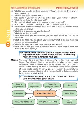 FOOD AND DRINKS. EATING HABITS
3
UNIT
Food I
enjoy most
Food I
enjoy least
Places for
going out to eat
Table
Eating out
Favourite restaurant Recipes and cooking
Eating
habits
Meal times
Food and drinks
92
3.	 What is your favorite fast-food restaurant? Do you prefer fast-food or your
mom’s cooking?
4.	 What is your least favorite food?
5.	 Who cooks in your family? Who is a better cook: your mother or father?
6.	 What do you know how to cook well?
7.	 Do you think about color when you are preparing a meal?
8.	 How often do you eat bread? How often do you eat fresh fruit?
9.	 What do you eat when you feel sad? What kind of food do you like to eat
when you are angry?
10.	What kind of desserts do you like to eat?
11.	What do you like to drink?
12.	What foods have you tasted which you will never forget for the rest of
your life?
13.	What is the food you like about your country? What is the last meal you
cooked for someone else?
14.	What is the most expensive meal you have ever eaten?
15.	What kind of food you think is the least healthy? What kind of food you
think is the most healthy?
10. Speak about the eating habits in your family. Then
say whether your family enjoys healthy or unhealthy
food. There is a model to help you.
Model: We usually have a very light breakfast. My mother fries eggs and
bacon. Sometimes I have some porridge or other cereals. I very
often have dinner at school because my parents don’t go home for
dinner. In the evening we have a substantial supper which consists
of home-made meals. We rarely go out for supper. Occasionally we
buy semi-processed food which is not very healthy. So in general my
family enjoys a healthy diet.
11. Get ready to speak on the topic “Food and drinks”.
Use the mind-map given below.
SPEAKING SKILL BUILDER
 
