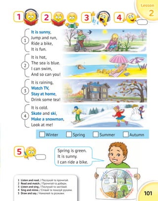 It is sunny,
Jump and run,
Ride a bike,
It is fun.
It is hot,
The sea is blue.
I can swim,
And so can you!
It is raining,
Watch TV,
Stay at home,
Drink some tea!
It is cold.
Skate and ski,
Make a snowman,
Look at me!
1
1 Listen and read. / Послухай та прочитай.
2 Read and match. / Прочитай та добери.
3 Listen and sing. / Послухай та заспівай.
4 Sing and mime. / Співай та показуй рухами.
5 Draw and say. / Намалюй та розкажи. 101
LessonLessonLessonLesson
22223 4
5 Spring is green.
It is sunny.
I can ride a bike.
2
Winter Spring Summer Autumn
1
2
4
3
 