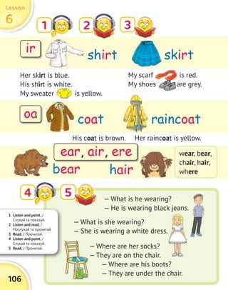 1 Listen and point. /
Слухай та показуй.
2 Listen and read. /
Послухай та прочитай.
3 Read. / Прочитай.
4 Listen and point. /
Слухай та показуй.
5 Read. / Прочитай.
shirt
coat
bear hair
skirt
raincoat
1 2
5
36666
LessonLessonLessonLesson
106
Her skirt is blue.
His shirt is white.
My sweater is yellow.
wear, bear,
chair, hair,
where
4
My scarf is red.
My shoes are grey.
His coat is brown. Her raincoat is yellow.
— What is he wearing?
— He is wearing black jeans.
— What is she wearing?
— She is wearing a white dress.
— Where are her socks?
— They are on the chair.
— Where are his boots?
— They are under the chair.
ir
oa
ear, air, ere
My scarf is red.
My shoes are grey.
My sweater is yellow.
My shoes are grey.My shoes are grey.
 