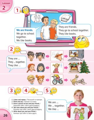 1 Listen and repeat. / Послухай та повтори.
2 Point and say. / Покажи та скажи.
3 Draw a picture of you and your friend. /
Намалюй себе і свого друга/подругу.
4 Tell class about you and your friend. /
Розкажи про себе і свого друга/подругу.
5 Write about you and your friend. /
Напиши про себе та свого друга.
4 Tell class about you and your friend.
5 Write about you and your friend.
26
2222
LessonLessonLessonLesson
1
43 5
They are …
They …together.
They like …
We are …
We … together.
We like …
They are friends.
They go to school together.
They like books.
We are friends.
We go to school
together.
We like books.
They like books.
2
 