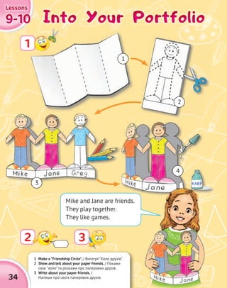 9-109-109-109-10
LessonsLessonsLessonsLessons
1
Into Your PortfolioInto Your PortfolioInto Your PortfolioInto Your Portfolio
2
1 Make a “Friendship Circle”. / Виготуй ‘‘Коло друзів’’.
2 Show and tell about your paper friends. / Покажи
своє ‘‘коло’’ та розкажи про паперових друзів.
3 Write about your paper friends. /
Напиши про своїх паперових друзів.34
Mike and Jane are friends.
They play together.
They like games.
1
2
3
4
3
 