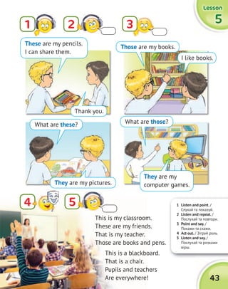 Thank you.
What are these? What are those?
They are my pictures.
Those are my books.
I like books.
These are my pencils.
I can share them.
1 Listen and point. /
Слухай та показуй.
2 Listen and repeat. /
Послухай та повтори.
3 Point and say. /
Покажи та скажи.
4 Act out. / Зіграй роль.
5 Listen and say. /
Послухай та розкажи
вірш.
LessonLessonLessonLesson
5555
43
2
5
1 3
4
This is my classroom.
These are my friends.
That is my teacher.
Those are books and pens.
This is a blackboard.
That is a chair.
Pupils and teachers
Аre everywhere!
They are my
computer games.
 