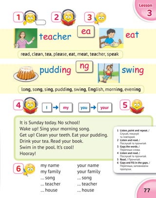 1 Listen, point and repeat. /
Слухай, показуй
та повторюй.
2 Listen and read. /
Послухай та прочитай.
3 Copy the words. /
Перепиши слова.
4 Listen and read. /
Послухай та прочитай.
5 Read. / Прочитай.
6 Copy and fill in the gaps. /
Перепиши, заповнюючи
пропуски.
77
3333
LessonLessonLessonLesson
3
6
2
4
1
teacher
pudding
eat
swing
read, clean, tea, please, eat, meat, teacher, speak
long, song, sing, pudding, swing, English, morning, evening
It is Sunday today. No school!
Wake up! Sing your morning song.
Get up! Clean your teeth. Eat your pudding.
Drink your tea. Read your book.
Swim in the pool. It’s cool!
Hooray!
my name
my family
… song
… teacher
… house
your name
your family
… song
… teacher
… house
i you yourmy
ea
ng
5
 