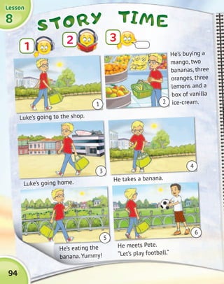 8888
LessonLessonLessonLesson
1
3
He takes a banana.
He meets Pete.
“Let’s play football.”
Luke’s going home.
He’s eating the
banana. Yummy!
Luke’s going home. He takes a banana.
Luke’s going home.
He’s eating the
He takes a banana.
He’s eating the
banana. Yummy!
He’s eating the
94
1
3
5
2
4
6
TIMETIMETIMETIMESTORYSTORYSTORYSTORY
He’s buying a
mango, two
bananas, three
oranges, three
lemons and a
box of vanilla
ice-cream.
Luke’s going to the shop.
2
 