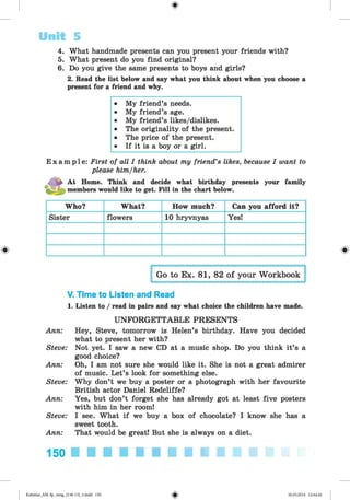 <
§
>
4. What handmade presents can you present your friends with?
5. What present do you find original?
6. Do you give the same presents to boys and girls?
2. Read the list below and say what you think about when you choose a
present for a friend and why.
• My friend’s needs.
• My friend’s age.
• My friend’s likes/dislikes.
• The originality of the present.
• The price of the present.
• If it is a boy or a girl.
E x a m p l e : First of all I think about my friend’s likes, because I want to
please him/her.
^ At Home. Think and decide what birthday presents your family
>ij
l members would like to get. Fill in the chart below.
Unit 5
#
Who? What? How much? Can you afford it?
Sister flowers 10 hryvnyas Yes!
I Go to Ex. 81, 82 of your Workbook |
V. Time to Listen and Read
1. Listen to / read in pairs and say what choice the children have made.
UNFORGETTABLE PRESENTS
Ann: Hey, Steve, tomorrow is Helen’s birthday. Have you decided
what to present her with?
Steve: Not yet. I saw a new CD at a music shop. Do you think it’s a
good choice?
Ann: Oh, I am not sure she would like it. She is not a great admirer
of music. Let’s look for something else.
Steve: Why don’t we buy a poster or a photograph with her favourite
British actor Daniel Redcliffe?
Ann: Yes, but don’t forget she has already got at least five posters
with him in her room!
Steve: I see. What if we buy a box of chocolate? I know she has a
sweet tooth.
Ann: That would be great! But she is always on a diet.
150 ■ ■ ■ ■ ■ ■ ■ ■ ■ ■ ■ ■
*
Kalinina_AM-Sp_6eng_(138-13)_v.indd 150 30.05.2014 12:44:42
 