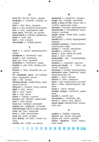 ф
K
keep fit /'kip 'fit/ бути у формі
keepsake n /'krpseik/ сувенір на
згадку
kick v /kik/ бити, вдаряти
kiss v, n /kis/ цілувати; поцілунок
kite n /kait/ повітряний змій
knee deep /'knr dip/ по коліно
knick knack n /'nikn{k/ дрібничка
knife n /naif/ ніж
knit v /nit/ в’язати
knowledge n /'тИф/знання
L
land v, n /l{nd/ приземлятися;
земля
landmark n /'l{ndma:k/ віха
laugh v /laf/ сміятися
lazy ad/ /'leizi/ лінивий
lazybones n /leizib@unz/ ледар
leather n, ad/ /'leSa/ шкіра; шкі­
ряний
leisure n /'1
єз@
/ вільний час, до­
звілля
let somebody down /let 'sAmb@di
daun/ підводити когось
lick v /lik/ лизати
lifelong dream /'laifbp 'drim/ мрія
всього життя
lifestyle n /'laifstail/ стиль життя
light n /lait/ світло
line n /lain/ черга
lips n /lips/ вуста
listen v /'lis(a)n/ слухати
literate adj /'lit(@)rit/ грамотний
loaf n /lauf/ булка
local adj /'l@uk(@)l/ місцевий
logical adj /'ta^ik(@)l/ логічний
look through /luk9ru:/ переглядати
loose adj /lu:z/ широкий
lorry n /lori/ вантажівка
loud adj /laud/ гучний
love dearly /Iav 'di@li/ ніжно ко­
хати
luckily adv /'lAkili/ на щастя
M
magazine n /,m{g@'zm/ журнал
magic adj /'m{^ik/ магічний
make a mess of sth /meik a mes av
'sAmGip/ провалити щось
manage v /'m {ni^/ прихитрятися
manuscript n /'m{njuskript/ ману­
скрипт, рукопис
maple syrup /'meipl 'sir@p/ клено­
вий сироп
marble adj, n /'mabl/ мармуровий;
мармур
mashed potatoes /'m {ft p@'teit@uz/
картопляне пюре
master v /'mast@/ оволодіти
meadow n /'med@u/ луг
mean v /mm/ мати на увазі
meat n /mit/ м’ясо
memorable adj /'mem(@)r@b(@)l/
пам’ятний
memory n /'mem(@)ri/ пам’ять
merry-go-round n /'meri gau
,raund/ карусель
message n /'mesi^/ повідомлення
microwave oven /'maikraweiv 'Av(@)n/
мікрохвильова піч
mince v /mins/ молоти
mirror n /'mira/ дзеркало
miss v /mis/ пропускати, скучити
mix v /miks/ перемішувати, зби­
вати
moon n /mu:n/ місяць
mother tongue /'imSartAg/ рідна
мова
mouth n /mau9/ рот
movement n /'muvm@nt/ рух
movie n /'muvi/ кіно, фільм
music band /'mju:zik/b{nd/ музич­
ний гурт
N
napkin n /'rrnpkin/ серветка
narrow adj /'n{r@u/ вузький
native adj /'neitrv/ рідний
native speakers /'neitiv 'spik@z/
носії мови
225
Ф
Kalinina_AM-Sp_6eng_(138-13)_v.indd 225 30.05.2014 12:44:52
 