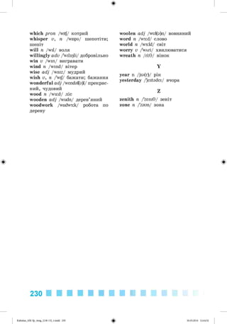 ф
which pron /ш$/ котрий
whisper v, n /wispa/ шепотіти;
шепіт
will n /wil/ воля
willingly adv /Wilipli/ добровільно
win v /win/ вигравати
wind n /wind/ вітер
wise adj /waiz/ мудрий
wish v, n /wj/ бажати; бажання
wonderful adj /wendaf(3)l/ прекрас­
ний, чудовий
wood n /wu:d/ ліс
wooden adj /wudn/ дерев’яний
woodwork /wudw3:k/ робота по
дереву
woolen adj /wul(a)n/ вовняний
word n /w3:d/ слово
world n /w3:ld/ світ
worry v /wait/ хвилюватися
wreath n /гг9/ вінок
Y
year n /ji@(r)/ рік
yesterday /jestadei/ вчора
Z
zenith n /'zeni9/ зеніт
zone n /'zaun/ зона
Ф Ф
230
Ф
Kalinina_AM-Sp_6eng_(138-13)_v.indd 230 30.05.2014 12:44:52
 