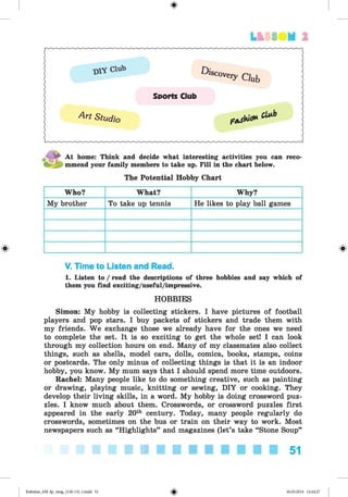 <
§
>
#
LESS UM 1
At home: Think and decide what interesting activities you can reco­
mmend your family members to take up. Fill in the chart below.
The Potential Hobby Chart
Who? What? Why?
My brother To take up tennis He likes to play ball games
V. Time to Listen and Read.
1. Listen to / read the descriptions of three hobbies and say which of
them you find exciting/useful/impressive.
HOBBIES
Simon: My hobby is collecting stickers. I have pictures of football
players and pop stars. I buy packets of stickers and trade them with
my friends. We exchange those we already have for the ones weneed
to complete the set. It is so exciting to get the whole set! I can look
through my collection hours on end. Many of my classmatesalso collect
things, such as shells, model cars, dolls, comics, books, stamps, coins
or postcards. The only minus of collecting things is that it is an indoor
hobby, you know. My mum says that I should spend more time outdoors.
Rachel: Many people like to do something creative, such as painting
or drawing, playing music, knitting or sewing, DIY or cooking. They
develop their living skills, in a word. My hobby is doing crossword puz­
zles. I know much about them. Crosswords, or crossword puzzles first
appeared in the early 20th century. Today, many people regularly do
crosswords, sometimes on the bus or train on their way to work. Most
newspapers such as “Highlights” and magazines (let’s take “Stone Soup”
■ ■ ■ ■ ■ ■ ■ ■ ■ ■ ■ 51
Kalinina_AM-Sp_6eng_(138-13)_v.indd 51 30.05.2014 12:44:27
 