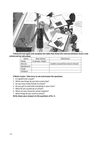 129
3 Read the text again and complete the table that shows the contrast between Anna's new
school and her old school.
Items New School Old School
Desks in groups, hinges
Pencils smaller around than Anna's thumb
Blackboard
Chalk
Children
4 Work in pairs. Take turns to ask and answer the questions.
1. Is it good to be a pupil?
2. What new things do you learn every day?
3. Do you have many friends at school?
4. Do you get on well with everybody in your class?
5. What do you usually do at school?
6. What are your favourite school subjects?
7. What things do you need at school?
Write down your answers to the questions of Ex. 4.
 