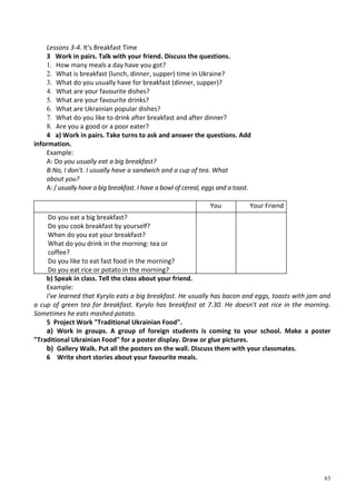 63
Lessons 3-4. It's Breakfast Time
3 Work in pairs. Talk with your friend. Discuss the questions.
1. How many meals a day have you got?
2. What is breakfast (lunch, dinner, supper) time in Ukraine?
3. What do you usually have for breakfast (dinner, supper)?
4. What are your favourite dishes?
5. What are your favourite drinks?
6. What are Ukrainian popular dishes?
7. What do you like to drink after breakfast and after dinner?
8. Are you a good or a poor eater?
4 a) Work in pairs. Take turns to ask and answer the questions. Add
information.
Example:
A: Do you usually eat a big breakfast?
B:No, I don't. I usually have a sandwich and a cup of tea. What
about you?
A: / usually have a big breakfast. I have a bowl of cereal, eggs and a toast.
You Your Friend
Do you eat a big breakfast?
Do you cook breakfast by yourself?
When do you eat your breakfast?
What do you drink in the morning: tea or
coffee?
Do you like to eat fast food in the morning?
Do you eat rice or potato in the morning?
b) Speak in class. Tell the class about your friend.
Example:
I've learned that Kyrylo eats a big breakfast. He usually has bacon and eggs, toasts with jam and
a cup of green tea for breakfast. Kyrylo has breakfast at 7.30. He doesn't eat rice in the morning.
Sometimes he eats mashed potato.
5 Project Work "Traditional Ukrainian Food".
a) Work in groups. A group of foreign students is coming to your school. Make a poster
"Traditional Ukrainian Food" for a poster display. Draw or glue pictures.
b) Gallery Walk. Put all the posters on the wall. Discuss them with your classmates.
6 Write short stories about your favourite meals.
 
