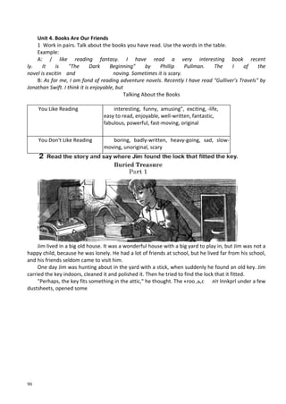90
Unit 4. Books Are Our Friends
1 Work in pairs. Talk about the books you have read. Use the words in the table.
Example:
A: / like reading fantasy. I have read a very interesting book recent
ly. It is "The Dark Beginning" by Phillip Pullman. The I of the
novel is excitin and noving. Sometimes it is scary.
B: As for me, I am fond of reading adventure novels. Recently I have read "Gulliver's Travels" by
Jonathan Swift. I think it is enjoyable, but
Talking About the Books
You Like Reading interesting, funny, amusing", exciting, -life,
easy to read, enjoyable, well-written, fantastic,
fabulous, powerful, fast-moving, original
You Don't Like Reading boring, badly-written, heavy-going, sad, slow-
moving, unoriginal, scary
Jim lived in a big old house. It was a wonderful house with a big yard to play in, but Jim was not a
happy child, because he was lonely. He had a lot of friends at school, but he lived far from his school,
and his friends seldom came to visit him.
One day Jim was hunting about in the yard with a stick, when suddenly he found an old key. Jim
carried the key indoors, cleaned it and polished it. Then he tried to find the lock that it fitted.
"Perhaps, the key fits something in the attic," he thought. The «roo ,ь,с літ lnnkprl under a few
dustsheets, opened some
 