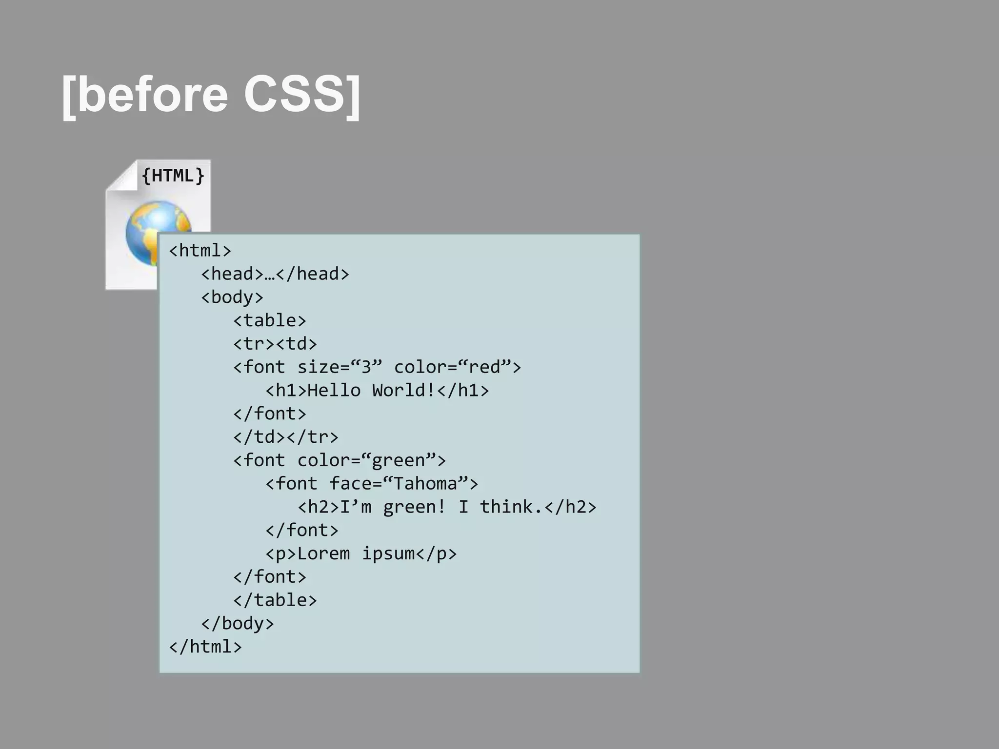 [before CSS]{HTML}<html>  <head>…</head>   <body>      <table>     <tr><td>     <font size=“3” color=“red”>        <h1>Hello World!</h1>     </font>     </td></tr>     <font color=“green”>         <font face=“Tahoma”>           <h2>I’m green! I think.</h2>        </font>        <p>Loremipsum</p>     </font>      </table>   </body></html>