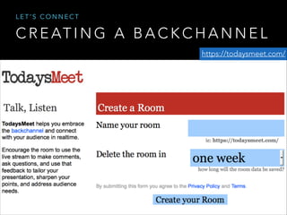 LET’S CONNECT

C R E AT I N G A B A C K C H A N N E L
https://todaysmeet.com/

 
