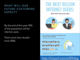 WHAT WILL OUR
FUTURE CUSTOMERS
EXPECT?

By the end of this year 39%
of the population will be
internet users.
That’s more than double
since 2006.

http://tinyurl.com/of29nbg

 