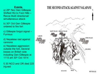 Events
a) 26th
Nov Gen Gillespie
Shifted HQ to Foot Hills –
Recce Multi directional/
simultaneous attack
b) 30th
Oct Gen Gillespie
ordered to fire fort
c) Gillespie forgot signal –
Furrious
d) Nepalese raid against
cannons
e) Nepalese aggression
outside the fort, Several
losses on British side
including Gen Gillespie at
1115 am 30th
Oct 1814
f) 30 NCO and OR died 225
injured
 