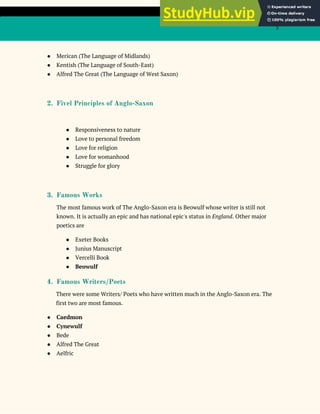 5
● Merican (The Language of Midlands)
● Kentish (The Language of South-East)
● Alfred The Great (The Language of West Saxon)
2. Fivel Principles of Anglo-Saxon
● Responsiveness to nature
● Love to personal freedom
● Love for religion
● Love for womanhood
● Struggle for glory
3. Famous Works
The most famous work of The Anglo-Saxon era is Beowulf whose writer is still not
known. It is actually an epic and has national epic's status in ​England​. Other major
poetics are
● Exeter Books
● Junius Manuscript
● Vercelli Book
● Beowulf
4. Famous Writers/Poets
There were some Writers/ Poets who have written much in the Anglo-Saxon era. The
first two are most famous.
● Caedmon
● Cynewulf
● Bede
● Alfred The Great
● Aelfric
 
