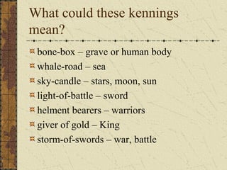 What could these kennings
mean?
bone-box – grave or human body
whale-road – sea
sky-candle – stars, moon, sun
light-of-battle – sword
helment bearers – warriors
giver of gold – King
storm-of-swords – war, battle
 