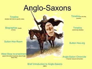 Anglo-Saxons
Timeline
detailed with links to specific dates
Timelineon this day
(events)
West Stow re-enactment
(great information & pictures about Anglo-
Saxon life) Anglo-Saxon Chronicle
(Teacher resource all words!)
Biographies (loads
of links)
Brief Introduction to Anglo-Saxons
(BBC)
Sutton Hoo.org
Sutton Hoo Room
Timeline
(extremely detailed)
 