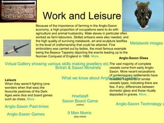 Work and Leisure
Leisure
When they weren't fighting (one
wonders when that was) the
favourite pastimes of the Dark
Ages were dice and board games
such as chess. More..
Anglo-Saxon Past-times
Anglo-Saxon Games
British & Saxon Minstrels
Because of the importance of farming in the Anglo-Saxon
economy, a high proportion of occupations were to do with
agriculture and animal husbandry. Male slaves in particular often
worked as farm labourers. Skilled artisans were also needed, and
the high quality of surviving metalwork, art and sculpture testifies
to the level of craftsmanship that could be attained. Fine
embroidery was carried out by ladies, the most famous example
being the Bayeux Tapestry depicting the events leading up to the
Norman Conquest of England in 1066. More…
9 Men Morris
(play online)
Hnefatafl
Saxon Board Game
(online)
What we know about Anglo-Saxon Games
Virtual Gallery showing various skills making jewellery etc.
Anglo-Saxon Technology a
Metalwork images
Anglo-Saxon Glass
The vast majority of complete
vessels come from early Anglo-
Saxon. More recent excavations
of contemporary settlements have
revealed fragments of similar
vessels types, indicating there are
few, if any, differences between
domestic glass and those ritually
deposited in graves. More…
 