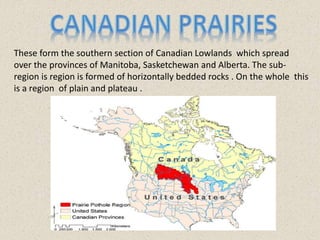 These form the southern section of Canadian Lowlands which spread
over the provinces of Manitoba, Sasketchewan and Alberta. The sub-
region is region is formed of horizontally bedded rocks . On the whole this
is a region of plain and plateau .
 