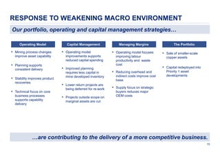 15
• Sale of smaller-scale
copper assets
• Capital redeployed into
Priority 1 asset
developments
RESPONSE TO WEAKENING MACRO ENVIRONMENT
Our portfolio, operating and capital management strategies…
…are contributing to the delivery of a more competitive business.
Operating Model Capital Management Managing Margins The Portfolio
• Operating model focuses
improving labour
productivity and waste
cost
• Reducing overhead and
indirect costs improve cost
base
• Supply focus on strategic
buyers reduces major
OEM costs
• Operating model
improvements supports
reduced capital spending
• Improved planning
requires less capital in
mine developed inventory
• Lower return projects are
being deferred for re-work
• Projects outside scope on
marginal assets are cut
• Mining process changes
improve asset capability
• Planning supports
consistent delivery
• Stability improves product
recoveries
• Technical focus on core
business processes
supports capability
delivery
 