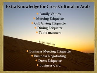 Family Values 
Meeting Etiquette 
Gift Giving Etiquette 
Dining Etiquette 
Table manners 
Business Meeting Etiquette 
Business Negotiating 
Dress Etiquette 
Business Card 
 