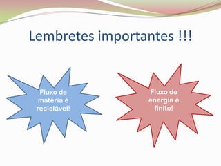 Lembretes importantes !!!
Fluxo de Fluxo de
matéria é energia é
reciclável! finito!