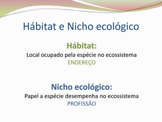 Hábitat e Nicho ecológico
Hábitat:
Local ocupado pela espécie no ecossistema
ENDEREÇO
Nicho ecológico:
Papel a espécie desempenha no ecossistema
PROFISSÃO