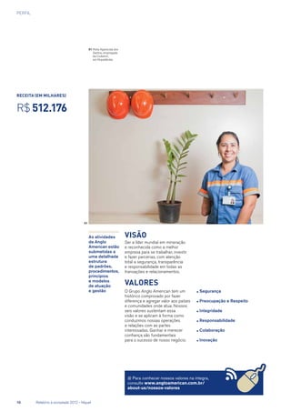 PERFIL
Visão
Ser a líder mundial em mineração
e reconhecida como a melhor
empresa para se trabalhar, investir
e fazer parcerias, com atenção
total a segurança, transparência
e responsabilidade em todas as
transações e relacionamentos.
Valores
O Grupo Anglo American tem um
histórico comprovado por fazer
diferença e agregar valor aos países
e comunidades onde atua. Nossos
seis valores sustentam essa
visão e se aplicam à forma como
conduzimos nossas operações
e relações com as partes
interessadas. Ganhar e merecer
confiança são fundamentais
para o sucesso de nosso negócio.
● Segurança
● Preocupação e Respeito
● Integridade
● Responsabilidade
● Colaboração
● Inovação
As atividades
da Anglo
American estão
submetidas a
uma detalhada
estrutura
de padrões,
procedimentos,
princípios
e modelos
de atuação
e gestão
01	Keila Aparecida dos
Santos, empregada
da Codemin,
em Niquelândia
01
receita (em milhares)
R$512.176
@ Para conhecer nossos valores na íntegra,
consulte www.angloamerican.com.br/
about-us/nossos-valores
10	 Relatório à sociedade 2012 - Níquel
 