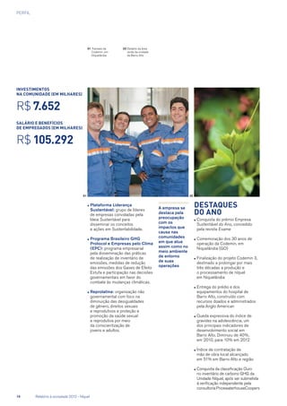 PERFIL
●	Plataforma Liderança
Sustentável: grupo de líderes
de empresas convidadas pela
Ideia Sustentável para
disseminar os conceitos
e ações em Sustentabilidade.
●	Programa Brasileiro GHG
Protocol e Empresas pelo Clima
(EPC): programa empresarial
pela disseminação das práticas
de realização de inventário de
emissões, medidas de redução
das emissões dos Gases de Efeito
Estufa e participação nas decisões
governamentais em favor do
combate às mudanças climáticas.
●	Reprolatina: organização não
governamental com foco na
diminuição das desigualdades
de gênero, direitos sexuais
e reprodutivos e proteção e
promoção da saúde sexual
e reprodutiva por meio
da conscientização de
jovens e adultos.
A empresa se
destaca pela
preocupação
com os
impactos que
causa nas
comunidades
em que atua
assim como no
meio ambiente
de entorno
de suas
operações
Destaques
do ano
●	Conquista do prêmio Empresa
Sustentável do Ano, concedido
pela revista Exame
●	Comemoração dos 30 anos de
operação da Codemin, em
Niquelândia (GO)
●	Finalização do projeto Codemin 3,
destinado a prolongar por mais
três décadas a produção e
o processamento de níquel
em Niquelândia
●	Entrega do prédio e dos
equipamentos do hospital de
Barro Alto, construído com
recursos doados e administrados
pela Anglo American
●	Queda expressiva do índice de
gravidez na adolescência, um
dos principais indicadores de
desenvolvimento social em
Barro Alto. Diminuiu de 40%,
em 2010, para 10% em 2012
●	Índice de contratação de
mão de obra local alcançado
em 51% em Barro Alto e região
●	Conquista da classificação Ouro
no inventário de carbono GHG da
Unidade Níquel, após ser submetida
à verificação independente pela
consultoria PricewaterhouseCoopers
01	Trainees da
Codemin, em
Niquelândia
02	Detalhe da área
verde da unidade
de Barro Alto
01 02
investimentos
na comunidade (em milhares)
R$ 7.652
salário e benefícios
de empregados (em milhares)
R$ 105.292
14	 Relatório à sociedade 2012 - Níquel
 