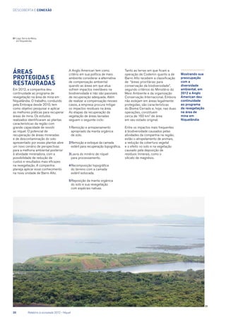 descoberta e conexão
Mostrando sua
preocupação
com a
diversidade
ambiental, em
2012 a Anglo
American deu
continuidade
ao programa
de revegetação
na área de
mina em
Niquelândia
Áreas
protegidas e
restauradas
Em 2012, a companhia deu
continuidade ao programa de
revegetação na área de mina em
Niquelândia. O trabalho, conduzido
pela Embrapa desde 2010, tem
como objetivo pesquisar e aplicar
as melhores práticas para recuperar
áreas de mina. Os estudos
realizados identificaram as plantas
características da região com
grande capacidade de resistir
ao níquel. O potencial de
recuperação de áreas mineradas
e de descontaminação do solo
apresentado por essas plantas abre
um novo cenário de perspectivas
para a melhoria ambiental posterior
à atividade mineradora, com a
possibilidade de redução de
custos e resultados mais eficazes
na revegetação. A companhia
planeja aplicar esse conhecimento
na nova unidade de Barro Alto.
A Anglo American tem como
critério em sua política de meio
ambiente considerar a alternativa
de compensação ambiental
quando as áreas em que atua
sofrem impactos inevitáveis na
biodiversidade e não são passíveis
de recuperação adequada. Além
de realizar a compensação nesses
casos, a empresa procura mitigar
os impactos residuais na área.
As etapas da recuperação da
vegetação de áreas lavradas
seguem o seguinte ciclo:
1	Remoção e armazenamento
apropriado da manta orgânica
de solo.
2	Remoção e estoque da camada
estéril para recuperação topográfica.
3	Lavra do minério de níquel
para processamento.
4	Recomposição topográfica
do terreno com a camada
estéril estocada.
5	Reposição da manta orgânica
do solo e sua revegetação
com espécies nativas.
Tanto as terras em que ficam a
operação de Codemin quanto a de
Barro Alto recebem a classificação
de “áreas prioritárias para
conservação da biodiversidade”,
segundo critérios do Ministério do
Meio Ambiente e da organização
Conservação Internacional. Embora
não estejam em áreas legalmente
protegidas, são características
do Bioma Cerrado e, hoje, nas duas
operações, constituem
cerca de 160 km2
de área
em seu estado original.
Entre os impactos mais frequentes
à biodiversidade causados pelas
atividades da companhia na região,
estão o atropelamento de animais,
a redução da cobertura vegetal
e o efeito no solo e na vegetação
causado pela deposição de
resíduos minerais, como o
silicato de magnésio.
01	Lago Serra da Mesa,
em Niquelândia
01
20	 Relatório à sociedade 2012 - Níquel
 