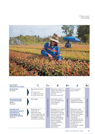 Relatório
Níveis de aplicação
C C+ B B+ A A+
Perfil da G3.1
Resultado
Responder aos itens:
1.1;
2.1 a 20.1 a 2.1
3.1 a 3.8, 3.10 a 3.12
4.1 a 4.4, 4.14 a 4.15
ComVerificaçãoExterna
Responder a todos os
critérios elencados para
o Nível C mais: 1.2;
3.9, 3.13
4.5 a 4.13, 4.16 a 4.17
ComVerificaçãoExterna
O mesmo exigido
para o nível B
ComVerificaçãoExterna
Informações sobre
a Forma de Gestão
da G3
Resultado
Não exigido Informações sobre a
Forma de Gestão para
cada Categoria
de Indicador
Forma de Gestão
divulgada para cada
categoria de Indicador
Indicadores de
Desempenho da G3 
Indicadores de
Desempenho do
Suplemento Setorial
Resultado
Responder a um
mínimo de 10
Indicadores, pelo
menos um de cada uma
das seguintes áreas de
desempenho: social,
econômica e ambiental
Responder a um mínimo
de 20 Indicadores de
Desempenho, incluindo
pelo menos um de cada
uma das seguintes
áreas de desempenho:
econômico, ambiental,
direitos humanos,
práticas trabalhistas,
sociedade,
responsabilidade
pelo produto
Responder a cada
Indicador essencial da
G3 e do Suplemento
Setorial com a devida
consideração ao
Princípio da
materialidade de uma
das seguintes formas:
a) respondendo ao
indicador, ou
b) explicando o motivo
da omissão
01	Mudas de eucalipto
garantem produção
de forma sustentável
	 Relatório à sociedade 2012 - Níquel	 81
 