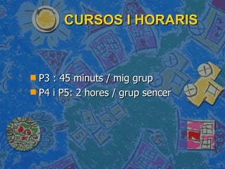 CURSOS I HORARIS P3 : 45 minuts / mig grup P4 i P5: 2 hores / grup sencer 