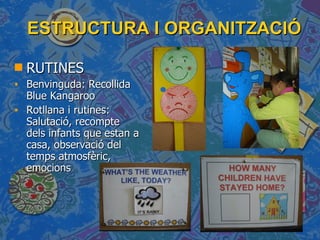 ESTRUCTURA I ORGANITZACIÓ RUTINES Benvinguda: Recollida Blue Kangaroo Rotllana i rutines: Salutació, recompte dels infants que estan a casa, observació del temps atmosfèric, emocions 