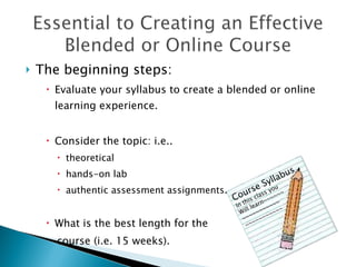 The beginning steps: Evaluate your syllabus to create a blended or online learning experience. Develop an outline of your course Consider the topic: i.e.. theoretical hands-on lab authentic assessment assignments.  Course Syllabus In this class you Will learn~~~~~~ ~~~~~~~~~~~ ~~~~~~~~~~~ 