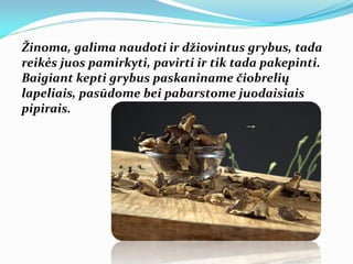 Žinoma, galima naudoti ir džiovintus grybus, tada
reikės juos pamirkyti, pavirti ir tik tada pakepinti.
Baigiant kepti grybus paskaniname čiobrelių
lapeliais, pasūdome bei pabarstome juodaisiais
pipirais.
 