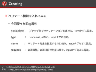 9 
Creating 
Хǩ`șCܤƤߤ 
ʹäTag 
novalidate֥饦ȤǤΥХǩ`ֹ롣formO 
type  text,email,urlʤɡinputO 
name :Хǩ`ȌָΤʹinputʤɤO 
required  ԡĿжʹinputʤɤO 
` 
: 
https://github.com/seito2014/angularjs-?\study2-?\seito 
ǥ 
: 
http://seito2014.github.io/angularjs-?\study2-?\seito/ 
 